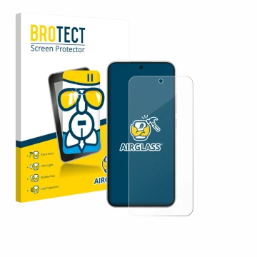Parte frontal de un envase de producto con el logotipo de la marca BROTECT. Al lado se muestra el dispositivo Oppo A6 Pro con 