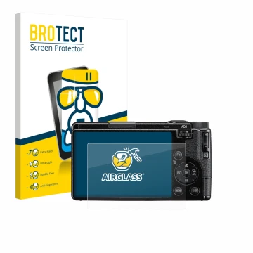 Parte frontal de un envase de producto con el logotipo de la marca BROTECT. Al lado se muestra el dispositivo Ricoh GR IV HDF 