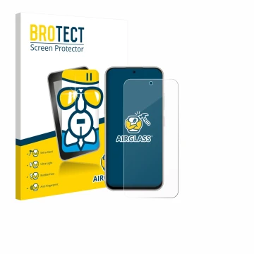 Parte frontal de un envase de producto con el logotipo de la marca BROTECT. Al lado se muestra el dispositivo Nubia V80 Pro co