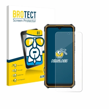 Parte frontal de un envase de producto con el logotipo de la marca BROTECT. Al lado se muestra el dispositivo Ulefone RugKing 