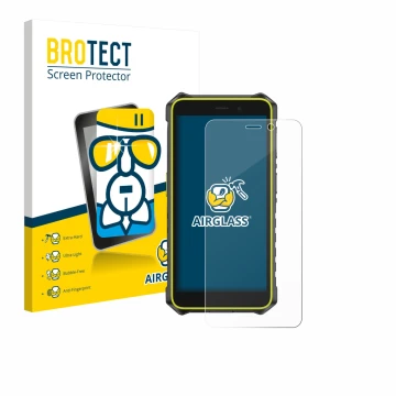 Parte frontal de un envase de producto con el logotipo de la marca BROTECT. Al lado se muestra el dispositivo Ulefone RugKing 