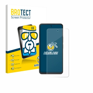 Parte frontal de un envase de producto con el logotipo de la marca BROTECT. Al lado se muestra el dispositivo Cubot Note 60 co