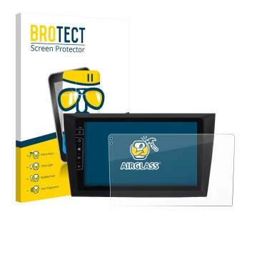 Parte frontal de un envase de producto con el logotipo de la marca BROTECT. Al lado se muestra el dispositivo Dynavin D8-DF31 