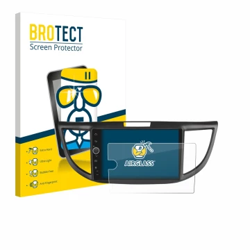 Parte frontal de un envase de producto con el logotipo de la marca BROTECT. Al lado se muestra el dispositivo Joying Car Radio