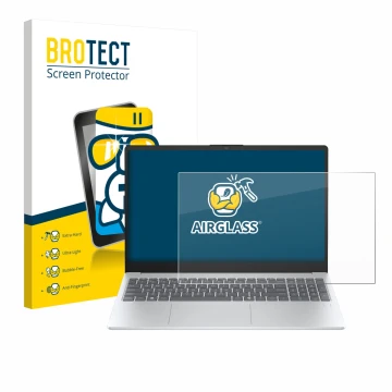 Parte frontal de un envase de producto con el logotipo de la marca BROTECT. Al lado se muestra el dispositivo HP OmniBook 3 14