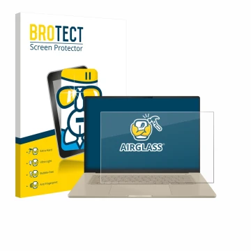 Parte frontal de un envase de producto con el logotipo de la marca BROTECT. Al lado se muestra el dispositivo ASUS ZenBook A16