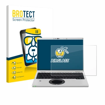 Parte frontal de un envase de producto con el logotipo de la marca BROTECT. Al lado se muestra el dispositivo Panasonic CF-FV3