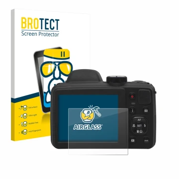 Parte frontal de un envase de producto con el logotipo de la marca BROTECT. Al lado se muestra el dispositivo Kodak Pixpro AZ4