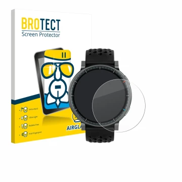 Parte frontal de un envase de producto con el logotipo de la marca BROTECT. Al lado se muestra el dispositivo Amazfit Active M