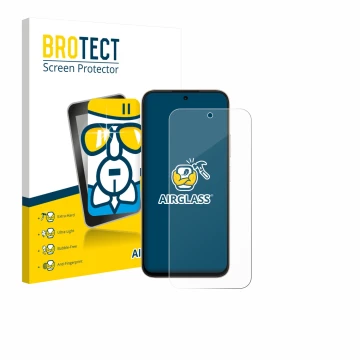 Parte frontal de un envase de producto con el logotipo de la marca BROTECT. Al lado se muestra el dispositivo Oppo A6t Pro 4G 