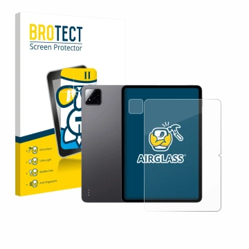 Parte frontal de un envase de producto con el logotipo de la marca BROTECT. Al lado se muestra el dispositivo Xiaomi Pad 7 (Fr