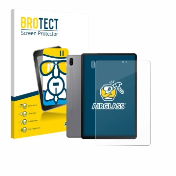 Parte frontal de un envase de producto con el logotipo de la marca BROTECT. Al lado se muestra el dispositivo Samsung Galaxy T