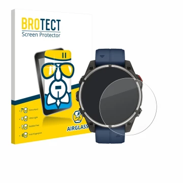 Parte frontal de un envase de producto con el logotipo de la marca BROTECT. Al lado se muestra el dispositivo Garmin quatix 8 