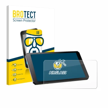 Parte frontal de un envase de producto con el logotipo de la marca BROTECT. Al lado se muestra el dispositivo RiderNav R7M con