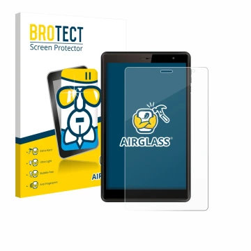 Parte frontal de un envase de producto con el logotipo de la marca BROTECT. Al lado se muestra el dispositivo Logicom Tab 80 8