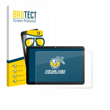 Parte frontal de un envase de producto con el logotipo de la marca BROTECT. Al lado se muestra el dispositivo Rebecco Z50 10.1