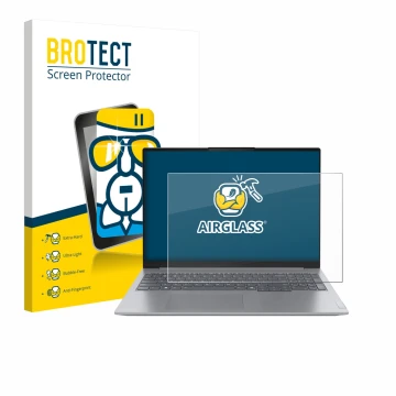 Parte frontal de un envase de producto con el logotipo de la marca BROTECT. Al lado se muestra el dispositivo Lenovo ThinkBook