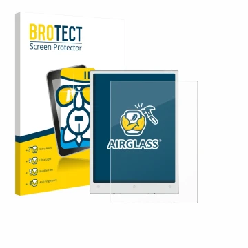 Parte frontal de un envase de producto con el logotipo de la marca BROTECT. Al lado se muestra el dispositivo Viwoods AiPaper 