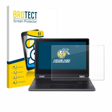 Parte frontal de un envase de producto con el logotipo de la marca BROTECT. Al lado se muestra el dispositivo Acer Chromebook 
