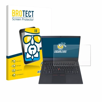 Parte frontal de un envase de producto con el logotipo de la marca BROTECT. Al lado se muestra el dispositivo Lenovo ThinkPad 