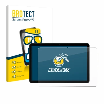 Parte frontal de un envase de producto con el logotipo de la marca BROTECT. Al lado se muestra el dispositivo Doogee Tab G5 co