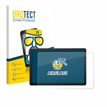 Parte frontal de un envase de producto con el logotipo de la marca BROTECT. Al lado se muestra el dispositivo Sunmi CPad 8.7