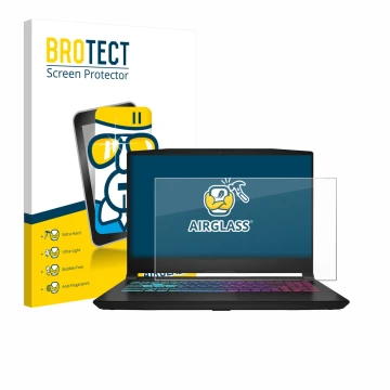 Parte frontal de un envase de producto con el logotipo de la marca BROTECT. Al lado se muestra el dispositivo MSI Katana 15 HX