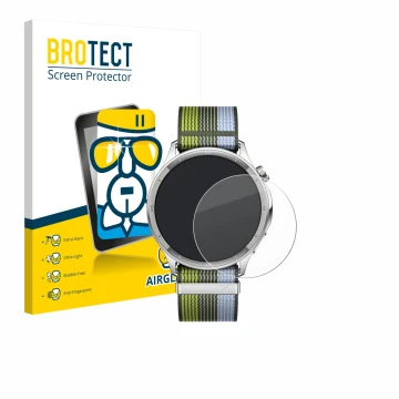 Parte frontal de un envase de producto con el logotipo de la marca BROTECT. Al lado se muestra el dispositivo Oppo Watch S con