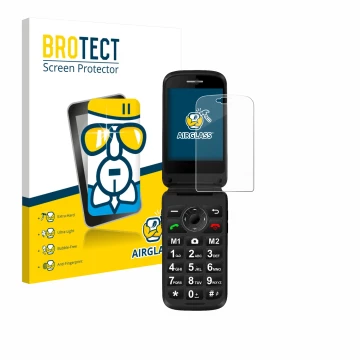 Parte frontal de un envase de producto con el logotipo de la marca BROTECT. Al lado se muestra el dispositivo Simvalley Mobile