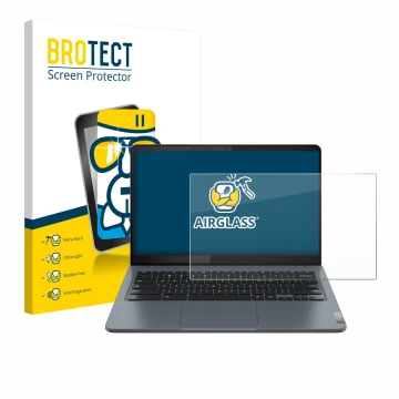 Parte frontal de un envase de producto con el logotipo de la marca BROTECT. Al lado se muestra el dispositivo Lenovo IdeaPad S