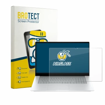 Parte frontal de un envase de producto con el logotipo de la marca BROTECT. Al lado se muestra el dispositivo HP OmniBook X 17