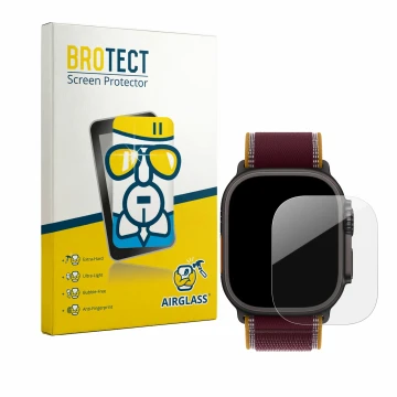 Parte frontal de un envase de producto con el logotipo de la marca BROTECT. Al lado se muestra el dispositivo Apple Watch Ultr