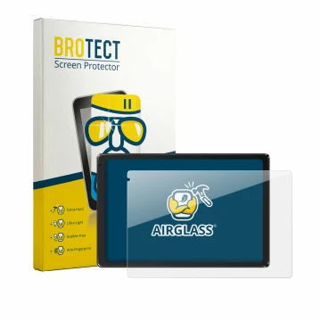 Parte frontal de un envase de producto con el logotipo de la marca BROTECT. Al lado se muestra el dispositivo Laptok Tablet 10
