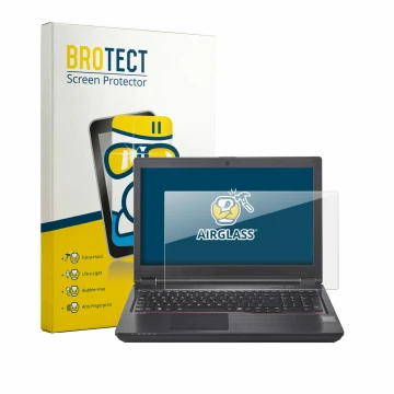 Parte frontal de un envase de producto con el logotipo de la marca BROTECT. Al lado se muestra el dispositivo Fujitsu Celsius 