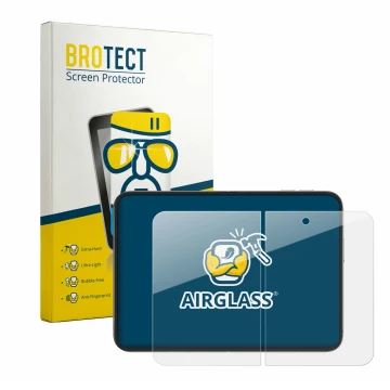 Parte frontal de un envase de producto con el logotipo de la marca BROTECT. Al lado se muestra el dispositivo Apple iPhone Duo