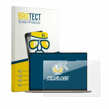 Parte frontal de un envase de producto con el logotipo de la marca BROTECT. Al lado se muestra el dispositivo Dell XPS Googleb