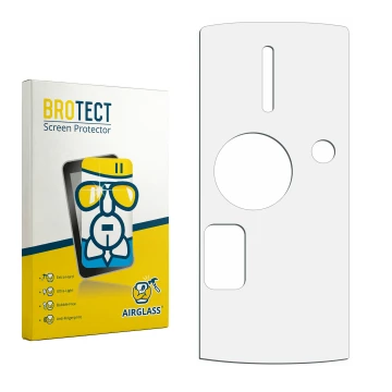 Parte frontal de un envase de producto con el logotipo de la marca BROTECT. Al lado está el protector de pantalla correspondie
