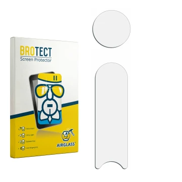 Parte frontal de un envase de producto con el logotipo de la marca BROTECT. Al lado está el protector de pantalla correspondie