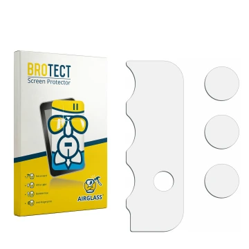 Parte frontal de un envase de producto con el logotipo de la marca BROTECT. Al lado está el protector de pantalla correspondie