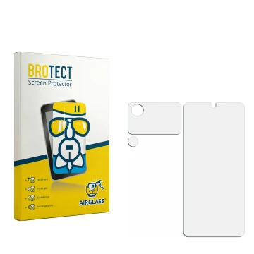 Parte frontal de un envase de producto con el logotipo de la marca BROTECT. Al lado está el protector de pantalla correspondie