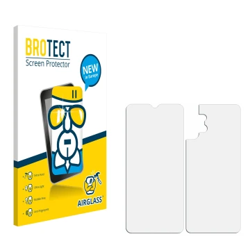 Parte frontal de un envase de producto con el logotipo de la marca BROTECT. Al lado está el protector de pantalla correspondie