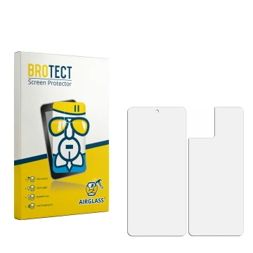 Parte frontal de un envase de producto con el logotipo de la marca BROTECT. Al lado está el protector de pantalla correspondie