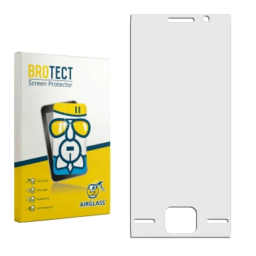 Parte frontal de un envase de producto con el logotipo de la marca BROTECT. Al lado está el protector de pantalla correspondie