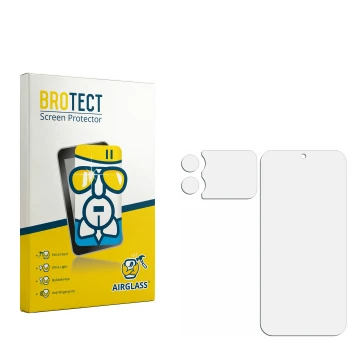 Parte frontal de un envase de producto con el logotipo de la marca BROTECT. Al lado está el protector de pantalla correspondie