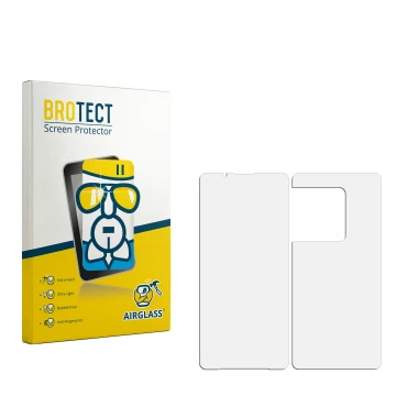 Parte frontal de un envase de producto con el logotipo de la marca BROTECT. Al lado está el protector de pantalla correspondie