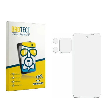 Parte frontal de un envase de producto con el logotipo de la marca BROTECT. Al lado está el protector de pantalla correspondie