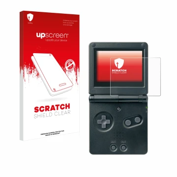 Parte frontal de un envase de producto con el logotipo de la marca upscreen. Al lado se muestra el dispositivo Nintendo Gamebo