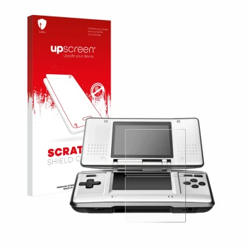Parte frontal de un envase de producto con el logotipo de la marca upscreen. Al lado se muestra el dispositivo Nintendo DS con