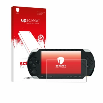 Parte frontal de un envase de producto con el logotipo de la marca upscreen. Al lado se muestra el dispositivo Sony PSP 1000 c