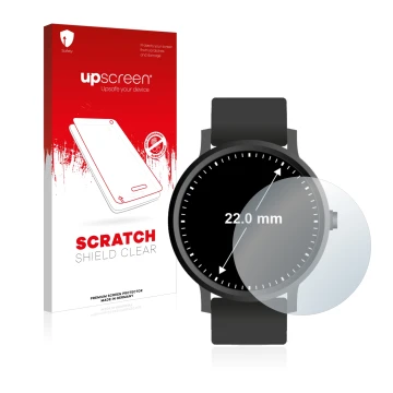 Parte frontal de un envase de producto con el logotipo de la marca upscreen. Al lado se muestra el dispositivo Relojes (Circul